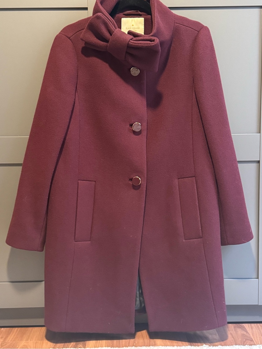 Kate Spade Bow-Collar Wool Pea Coat in Plum